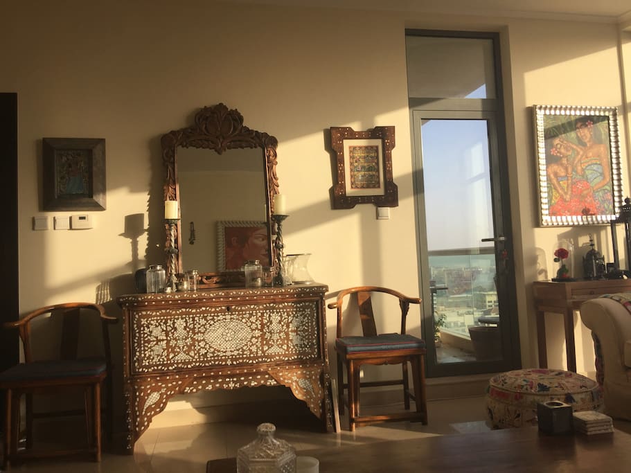 Vintage wedding chest with mother of pearl inlay brought from Damascus (and delivered overland from
Syria by truck).