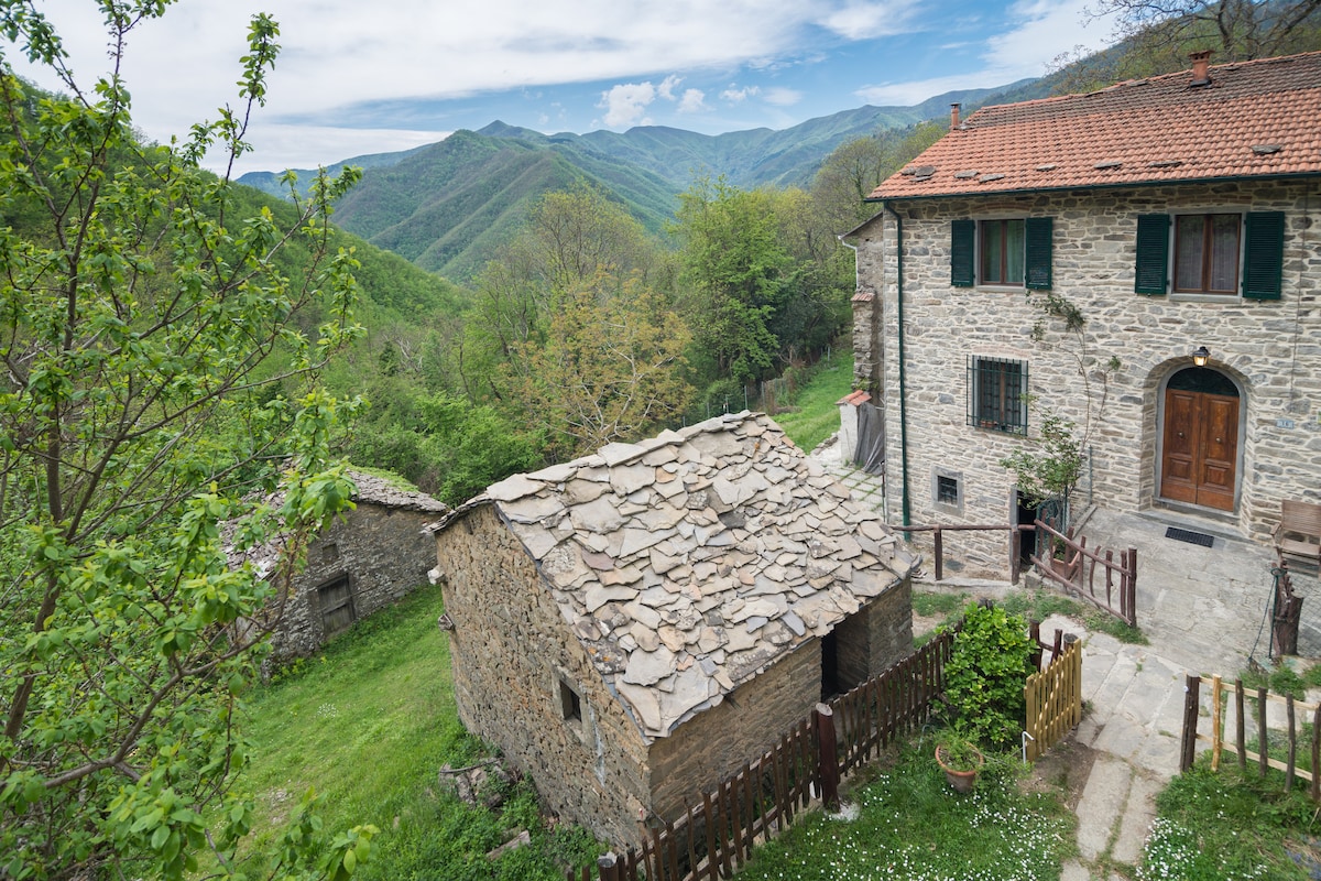 A stone house with wooden shutters is set against a backdrop of rolling green hills and mountains. A small outbuilding features a rustic stone roof, surrounded by grassy areas and shrubs. The clear sky offers a glimpse of clouds over the serene landscape.
