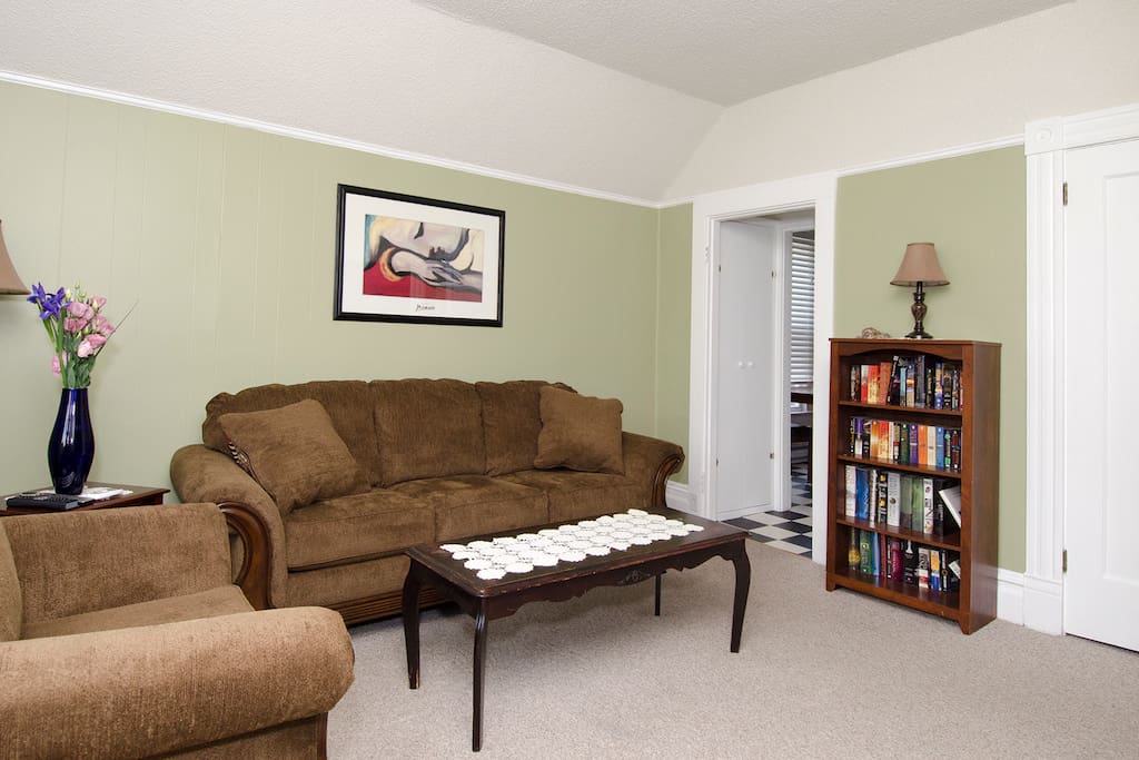 Comfortable living room with books, TV, and cushy seating.