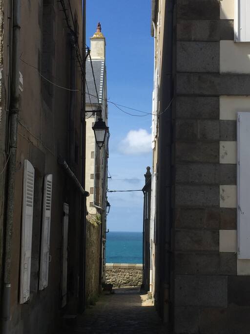 Vue mer de la fenêtre du salon par la sente qui conduit à la plage à 50mètres.