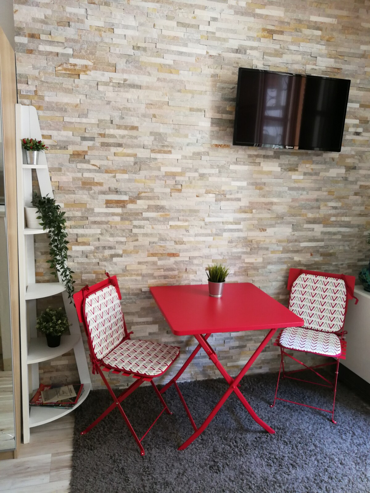 A small dining area is featured with a red table and two matching foldable chairs, adorned with patterned cushions. The textured stone wall adds character, while a compact television is mounted above. A small potted plant is placed at the center of the table.