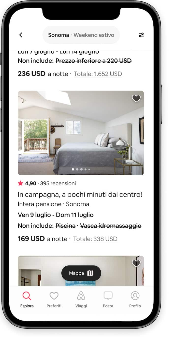 Annunci di alloggi a cui mancano uno o due filtri di ricerca nell'app di Airbnb.