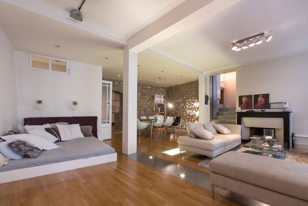 Spacious living room with dining area.