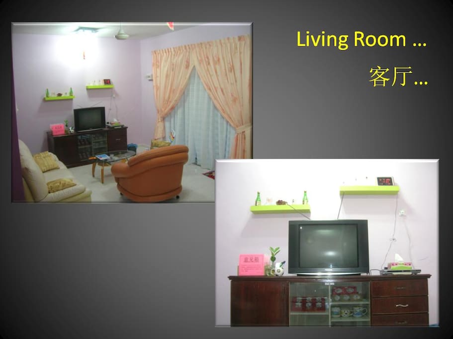 Living room with Sofa, TV, DVD players, Mahjong Table, Dining Table & Air Conditioned