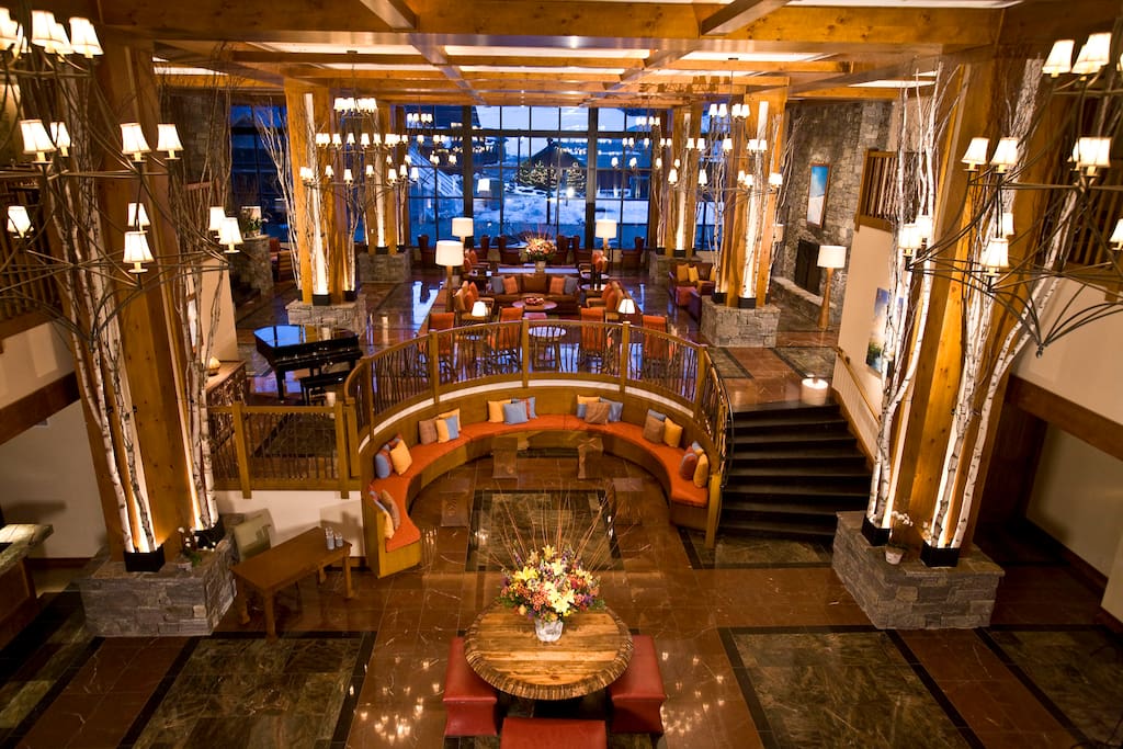 Relax in the beautiful lobby by the fireplace