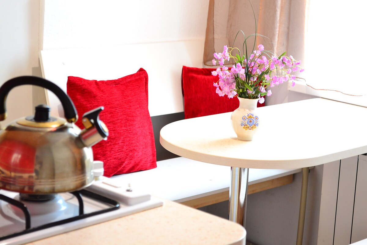 A compact kitchen area features a table with polished surfaces and a floral vase at its center. Red cushions are placed on a nearby bench. A kettle sits on the gas stove, indicating a cozy cooking space with natural light from a window.