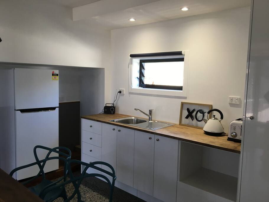 Kitchenette includes fridge, microwave, kettle and toaster