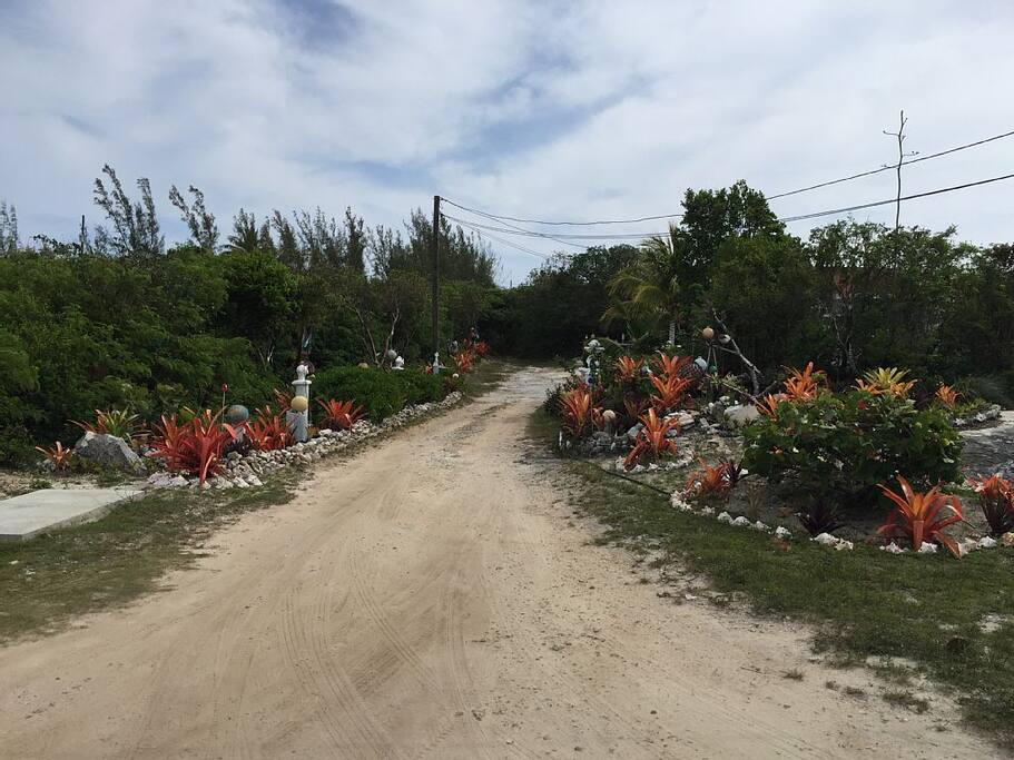 Driveway to J Sea Villas with landscaped grounds