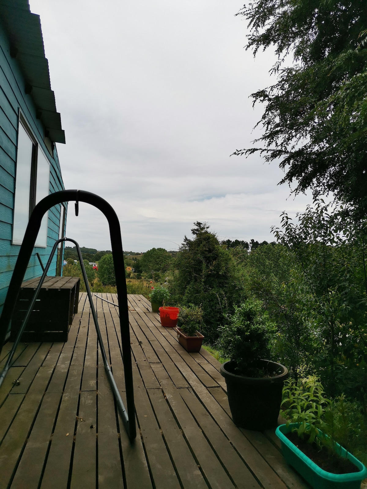 A wooden deck extends from the exterior of the building, framed by green foliage. Several potted plants, including a large planter and smaller pots, are placed along the sides, contributing to a calm outdoor environment. The sky is overcast, providing a soft light.