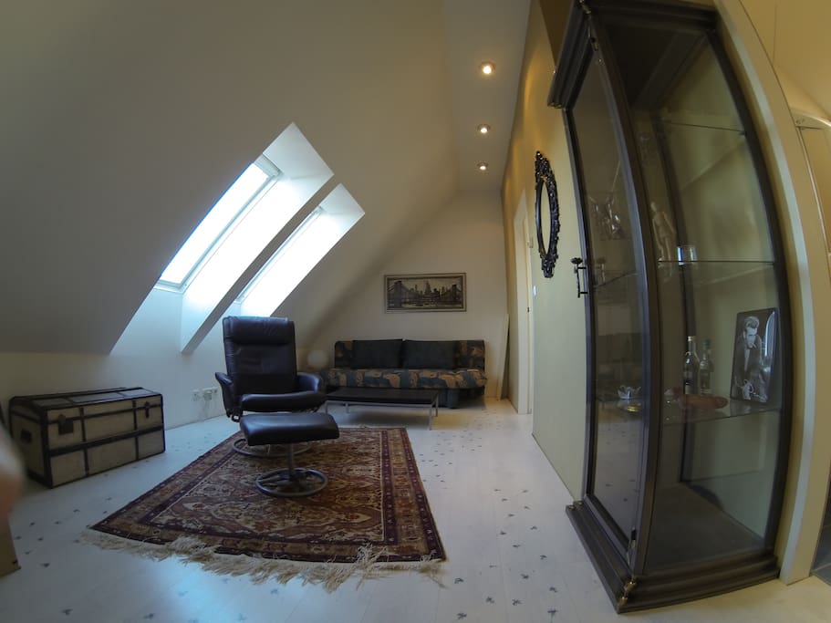 Das Wohnzimmer aus Sicht der Eingangstür zur Wohnung. Hinten an der Wand steht das Schlafsofa.