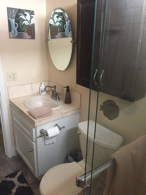 Bathroom with large shower, storage areas for amenities. Bathroom products provided: shampoo, conditioner, toilet paper, towels and wash and hand towels.