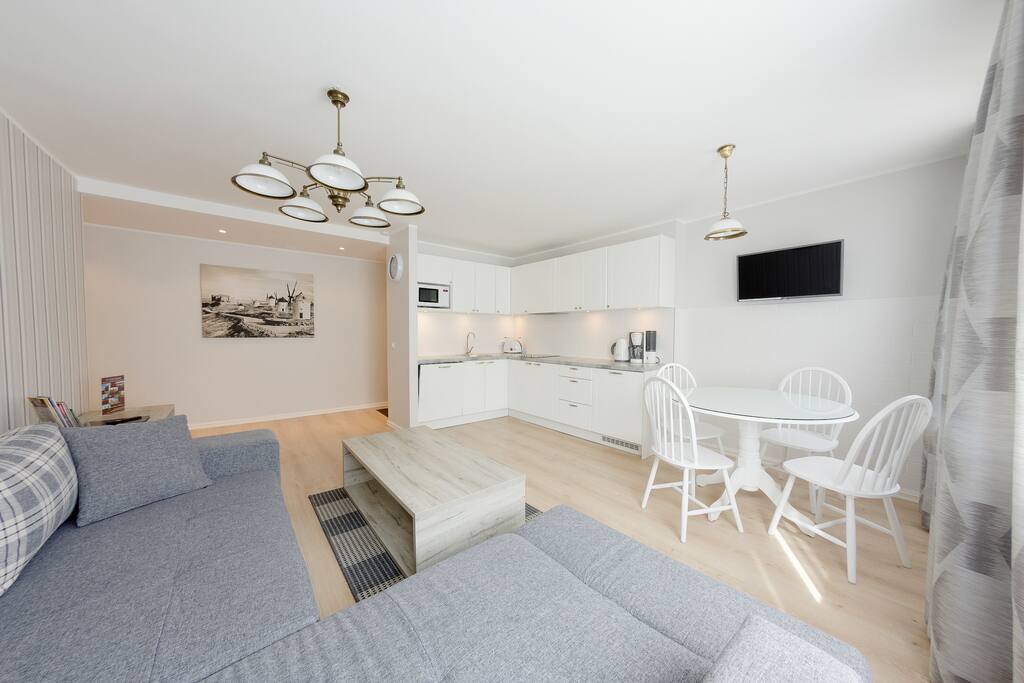 Living room, kitchen, dining area