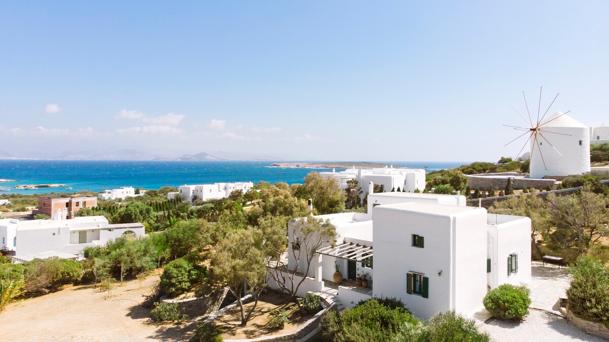 A panoramic view captures the whitewashed structures of the villa nestled among Mediterranean gardens. The azure Aegean Sea glistens in the background, while a traditional windmill stands prominently against a clear sky, showcasing the serene coastal environment.