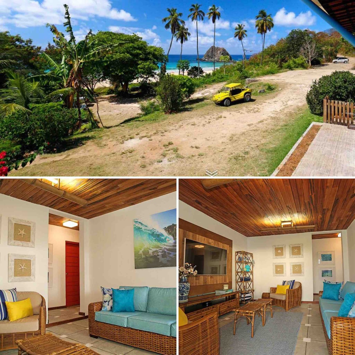 A view of the beach and palm trees can be seen from the outdoors, with a yellow vehicle parked nearby. Inside, a seating area is furnished with rattan furniture, accented by cushions in shades of blue and yellow. Natural light fills the space through large windows.
