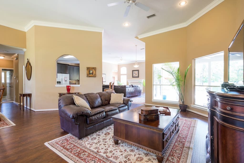 Living room with pull out queen leather sofa