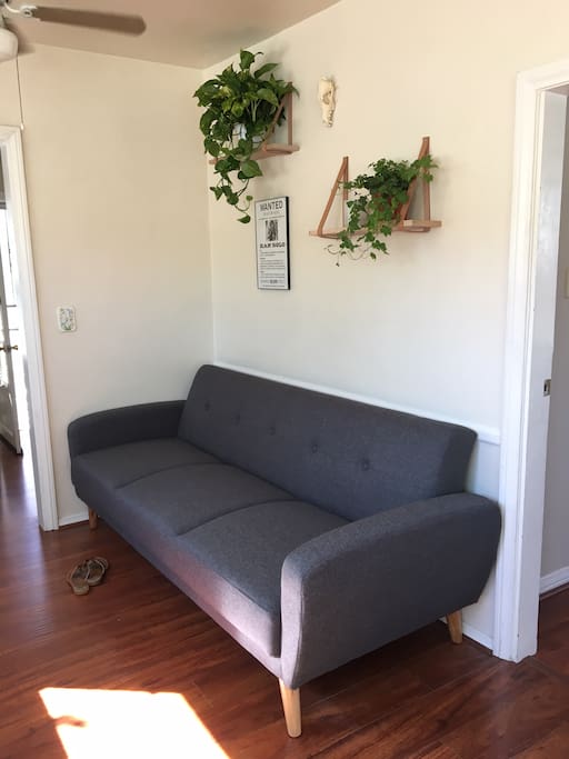 Bright and cheery living room with fold-down couch.