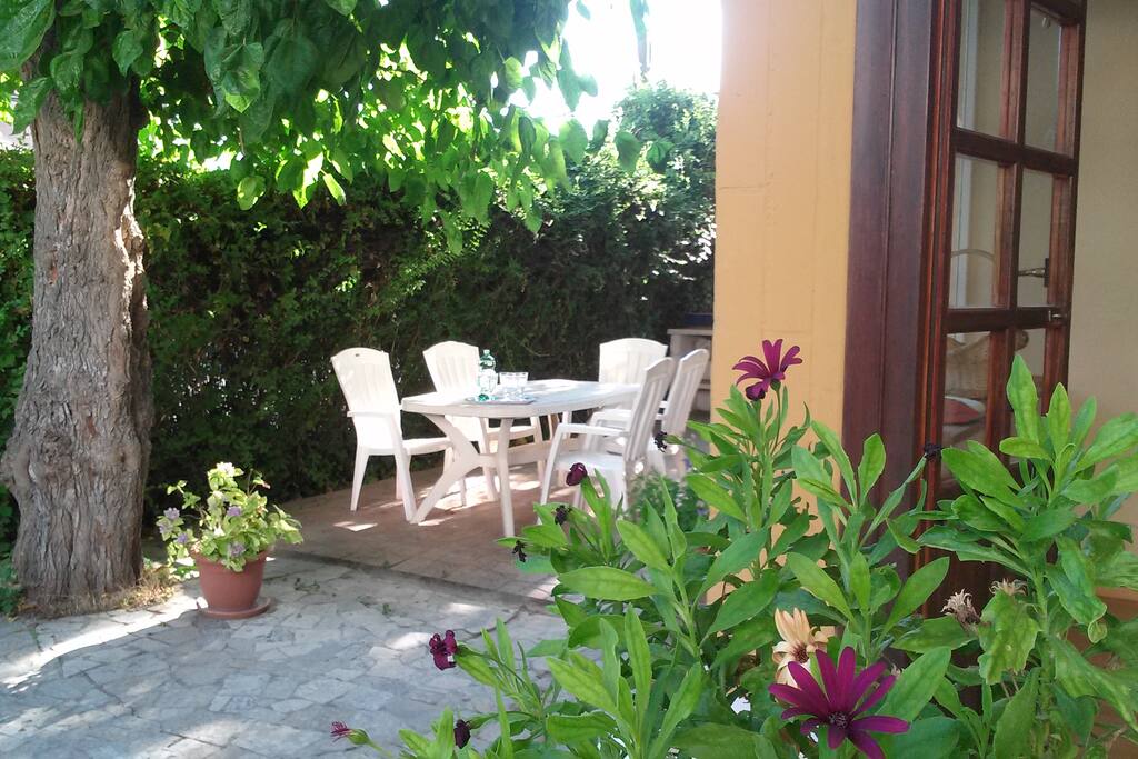 View of patio from parking area.