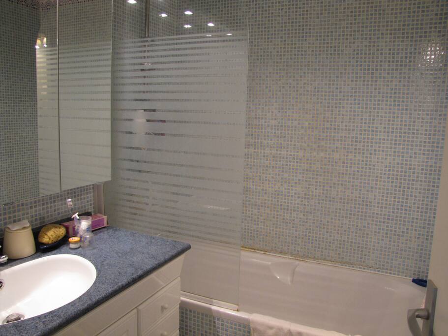Salle de bains avec grande baignoire, armoire de toilette disponible