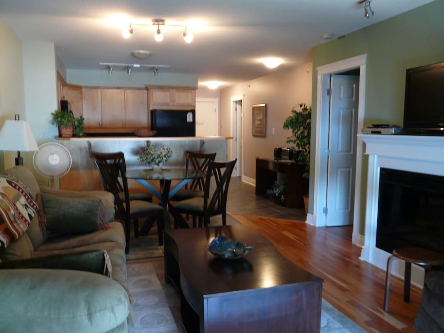 Living room, dining room, kitchen, fireplace
