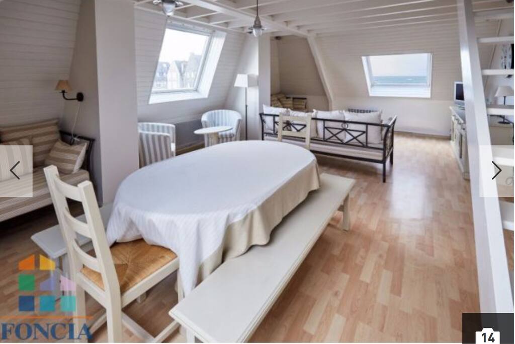 Pièce à vivre avec sa salle à manger et 3 canapés convertibles (triple exposition, vue mer)