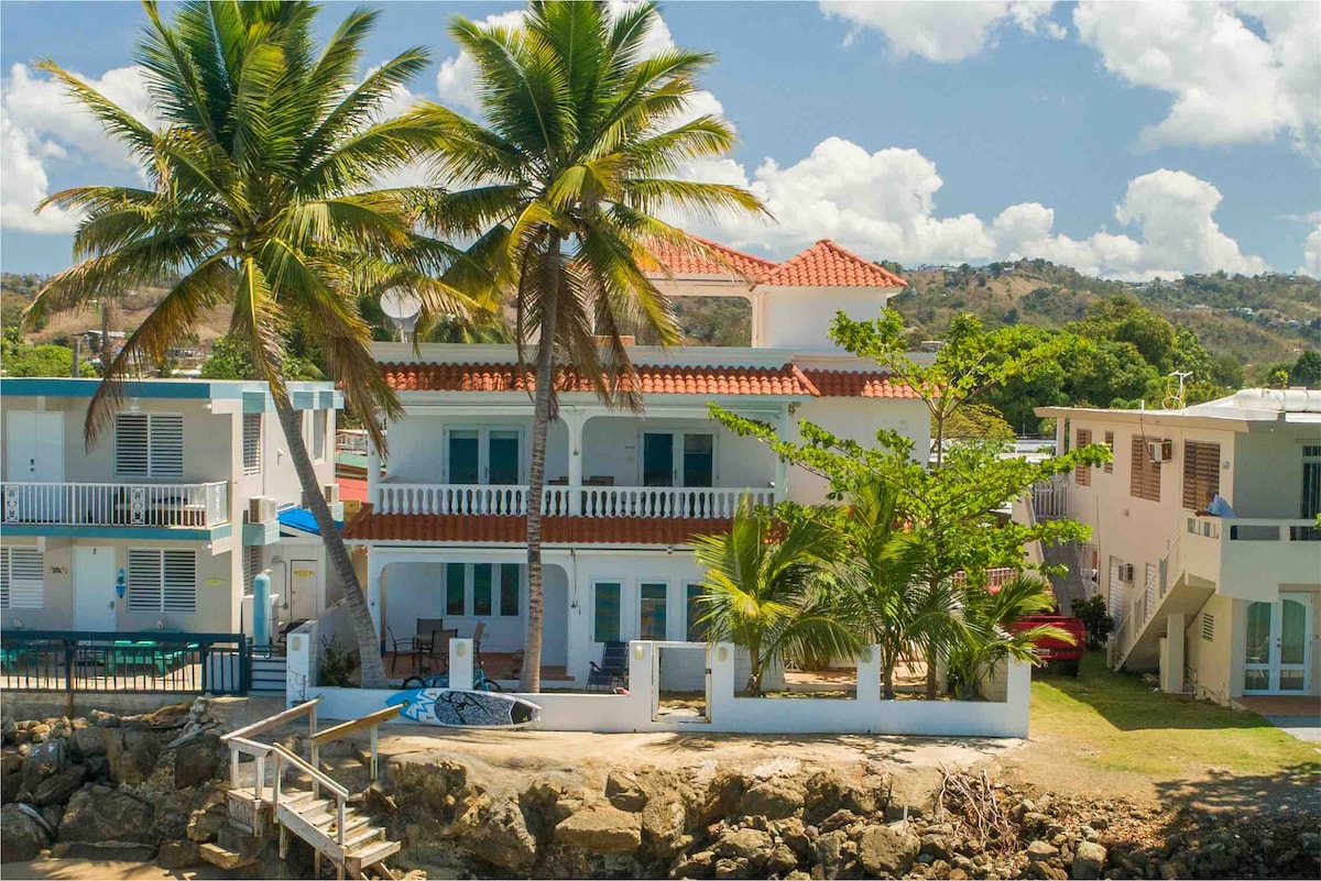 The exterior of a modern, oceanfront apartment is depicted, featuring a two-story structure with a red-tiled roof and multiple blue-framed windows. Palm trees provide a tropical ambiance, while a small yard occupies the foreground. A wooden walkway leads to the water's edge, enhancing the seaside atmosphere.