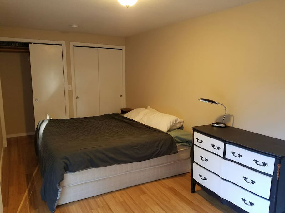 Well-lit private bedroom with your own entrance, lots of storage space.
