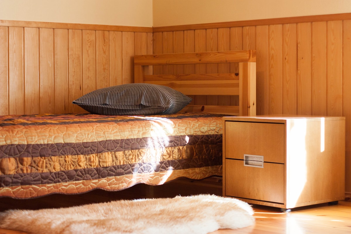 A cozy bedroom features warm wooden paneling and a single bed with a patterned quilt. A striped pillow rests atop the bed. A bedside table stands nearby, while soft light filters through the room, illuminating a plush area rug at the foot of the bed.