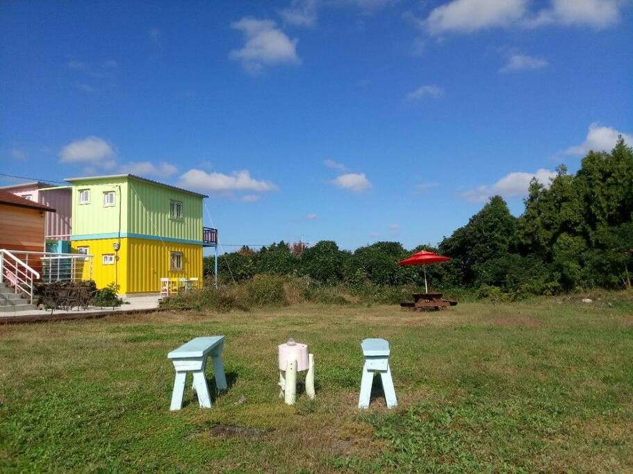 Enjoy outdoor seating near the houses.