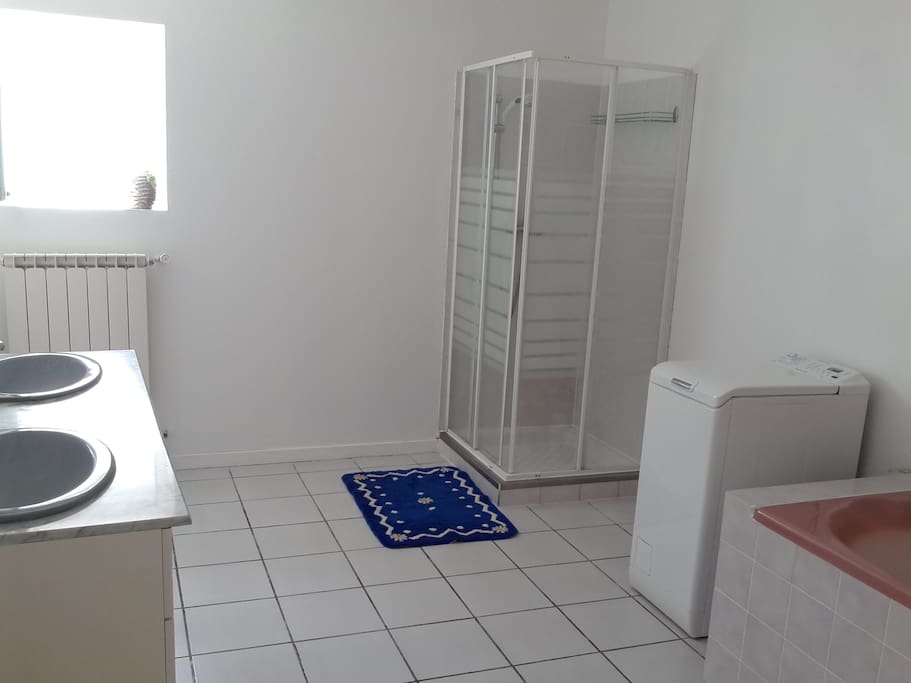 Salle de bain . Une douche, une baignoire, lave linge .