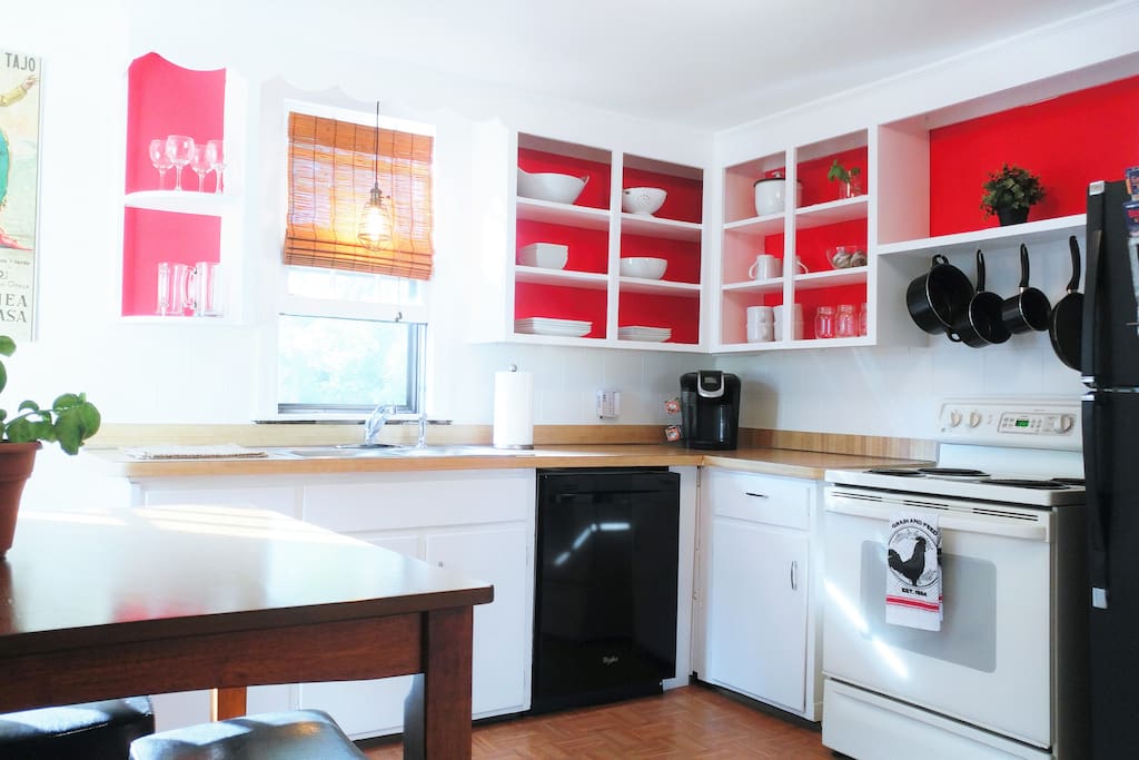 Fully stocked kitchen including Keurig and K-cups for coffee and tea.