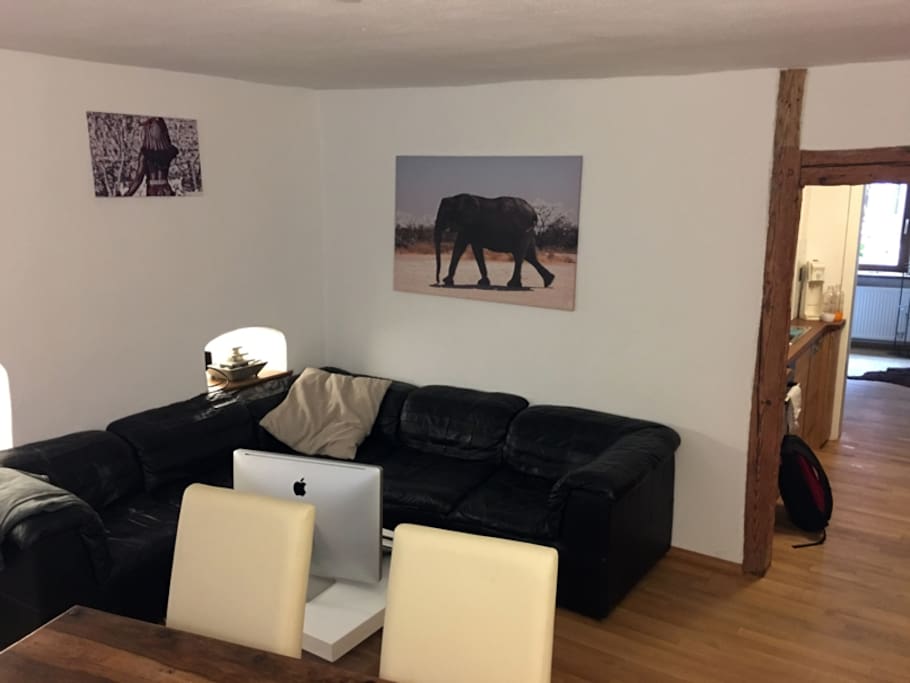 Livingroom, very comfortable real leather couch.