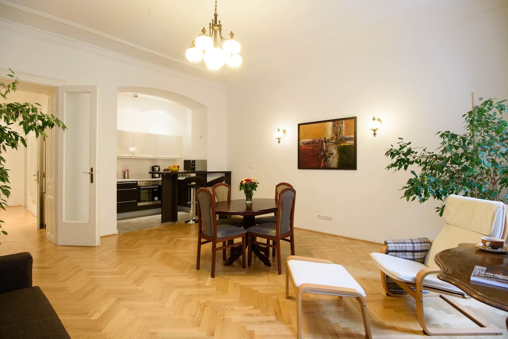 Living room with a kitchen area