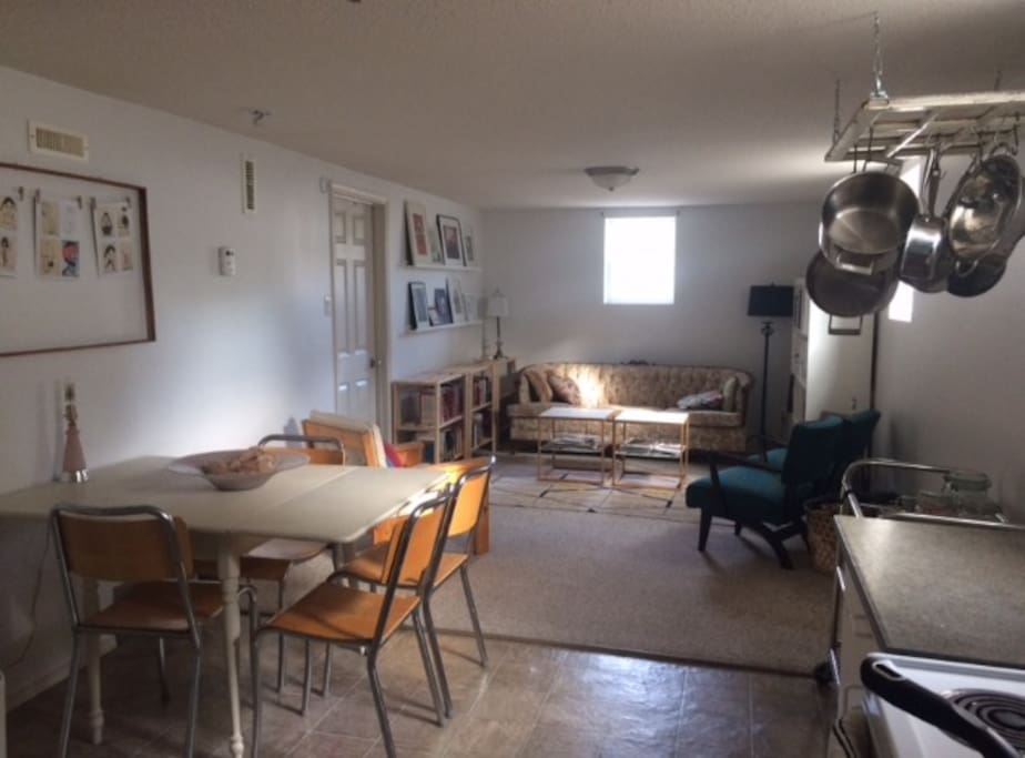 The main living area and kitchen. Play some lego, read up on science fiction and politics, and chill out on my floral furniture. The kitchen comes fully equipped with a microwave, bread maker, crock pot, and some really great pots and pans (seriously).
