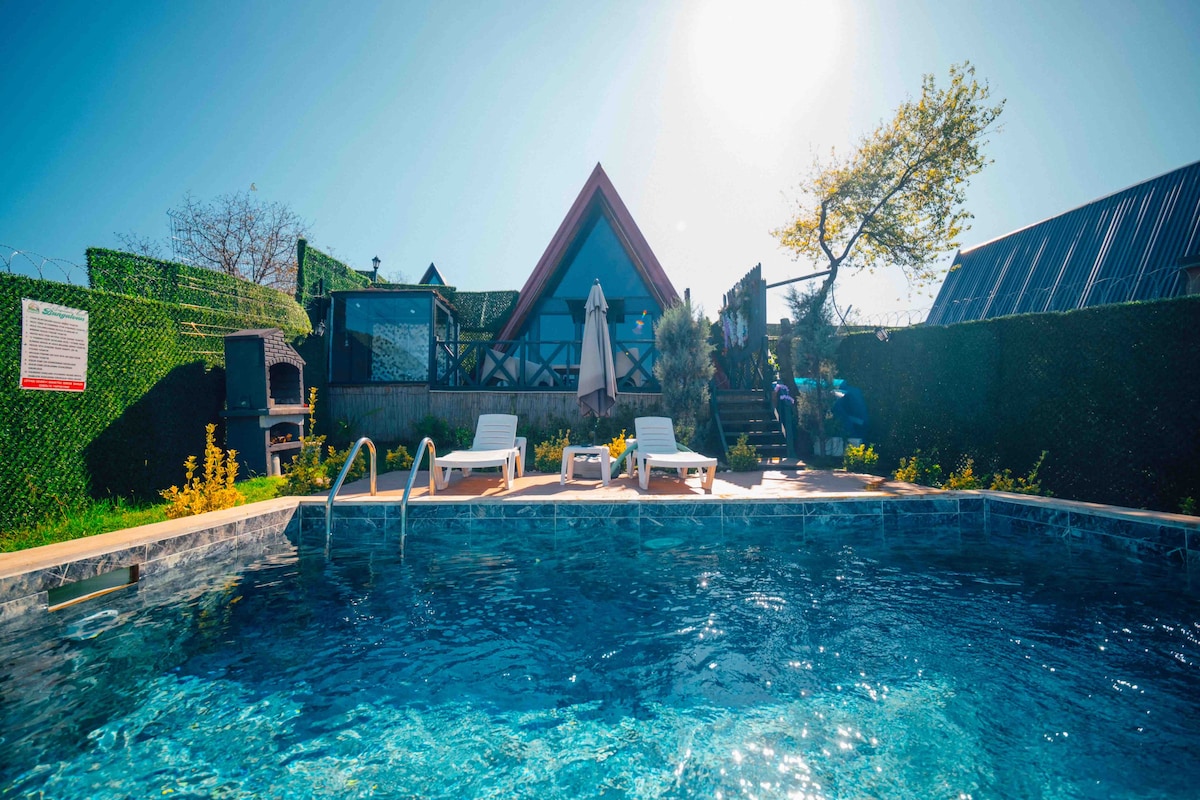 A sunlit view of a private outdoor area showcases a pool surrounded by greenery. Two lounge chairs are positioned on the pool deck. A barbecue grill is visible, and steps lead up to the entrance of the bungalow, creating an inviting atmosphere.