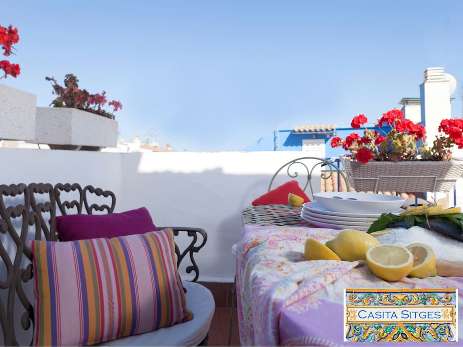 Dining table in the front terrace with sea view