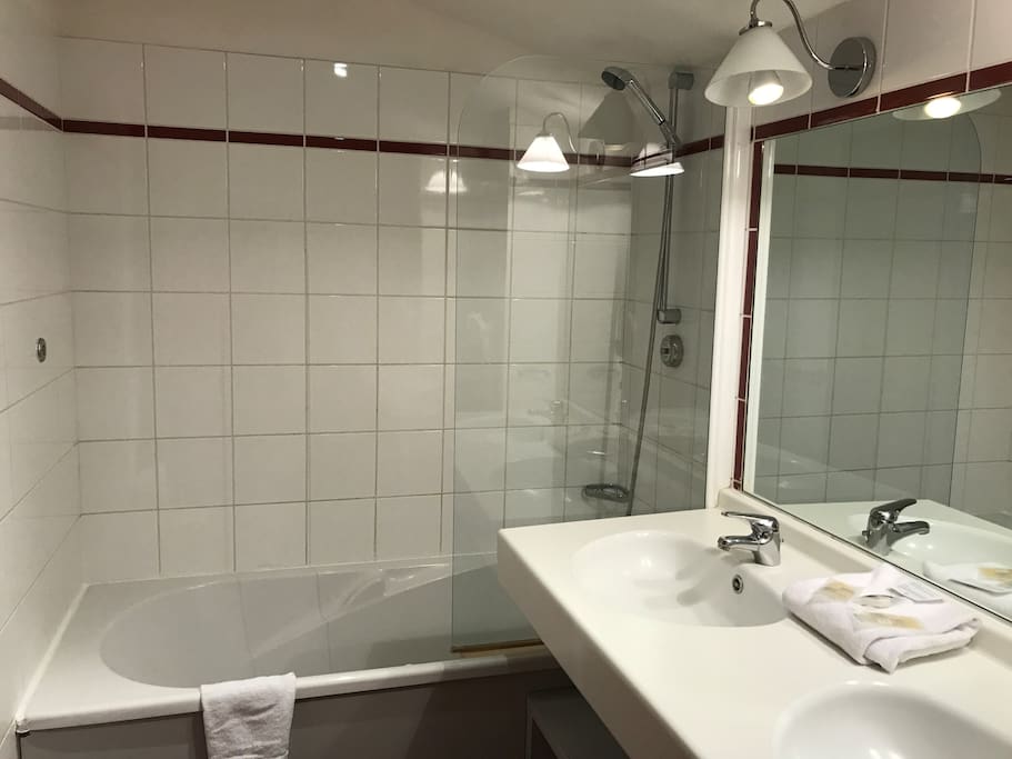 Salle de bains avec serviettes, shampoings et sèche-cheveux.
Bathroom with towels, shampooes and hairdryer.