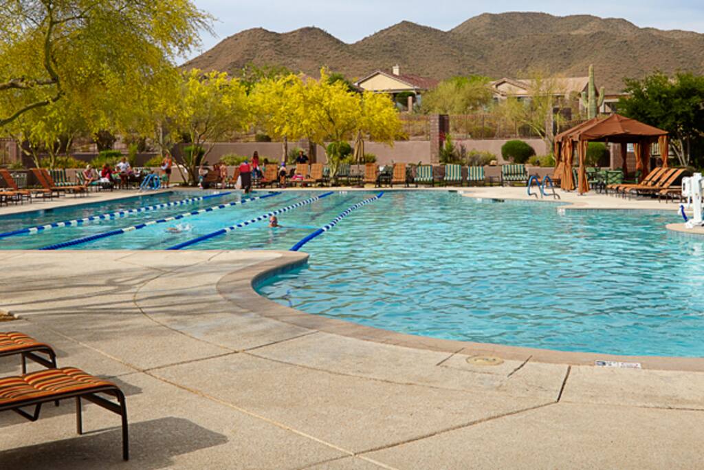 Persimmon Main pool with lap lanes, cabanas and spa.