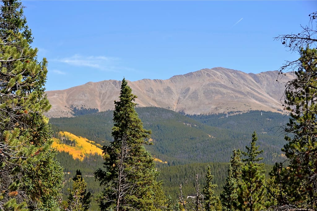 Mt Baldy from porch, Boreas pass road up high across the valley.