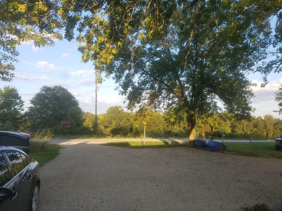 Facing out from the garage.