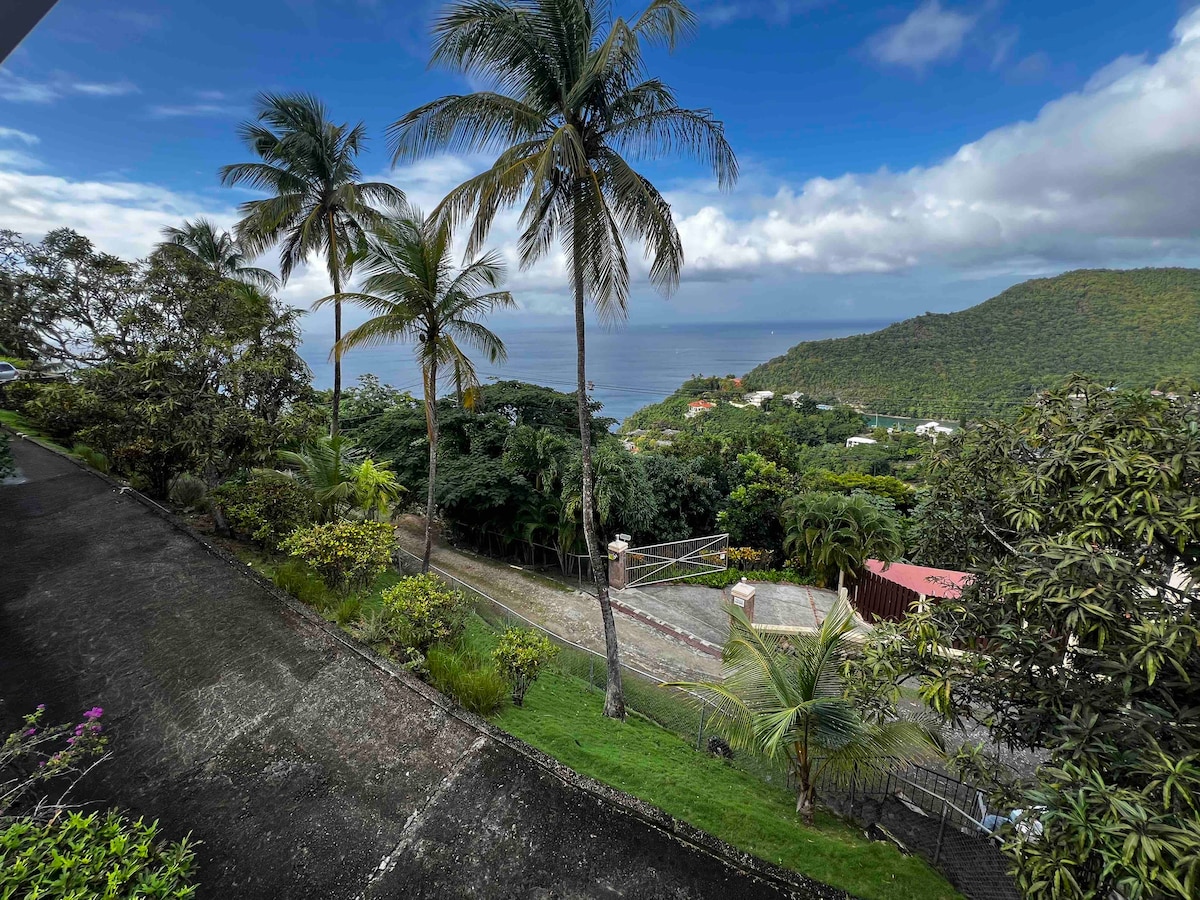 A panoramic view is offered of Marigot Bay and the Caribbean Sea, framed by lush greenery and towering palm trees. The scene captures a peaceful landscape with rolling hills in the distance and a variety of tropical vegetation lining the path.