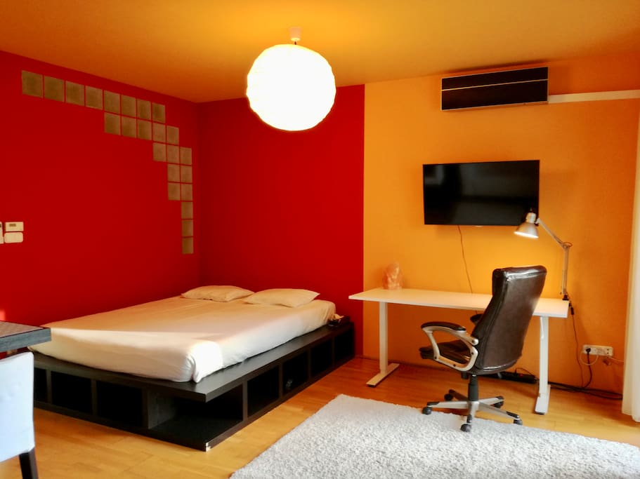 Main area, bed on the right, workstation and television on the