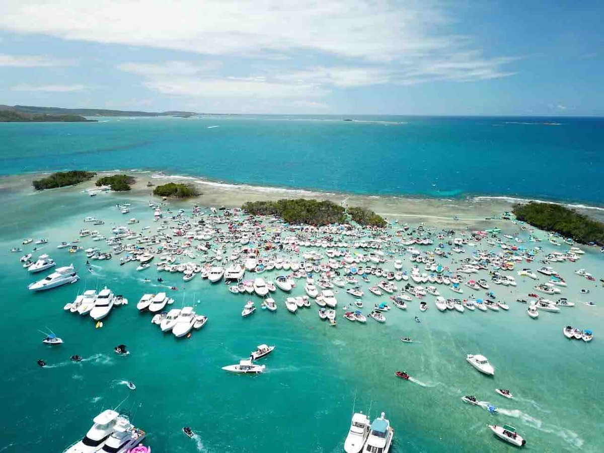 An aerial view captures a vibrant scene of numerous boats scattered across a clear turquoise water setting. The surrounding greenery and sandy patches create a natural boundary, highlighting the beauty of the coastal area. The sky above is bright and partly cloudy.