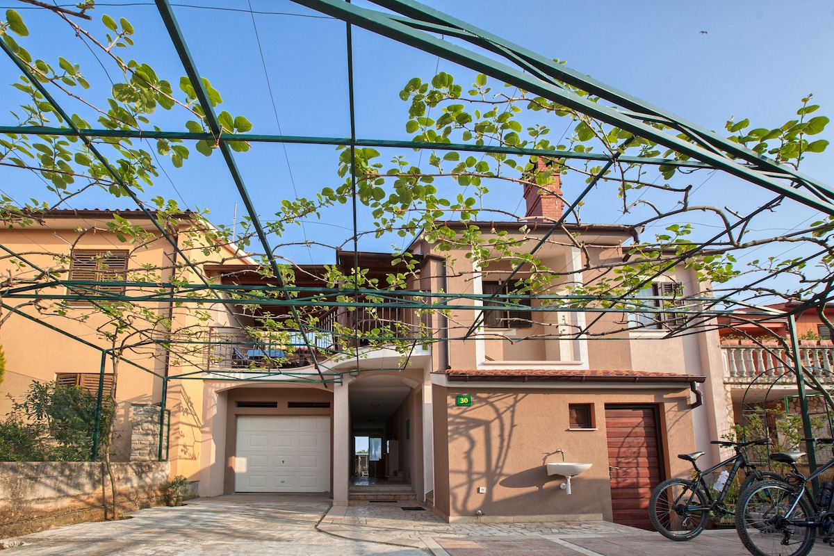 The image showcases a family house with a warm exterior, framed by overhead greenery from a vine-covered trellis. Two bicycles are positioned in the foreground, indicating available guest use. The entrance is accessible, leading into the interior space of the residence.