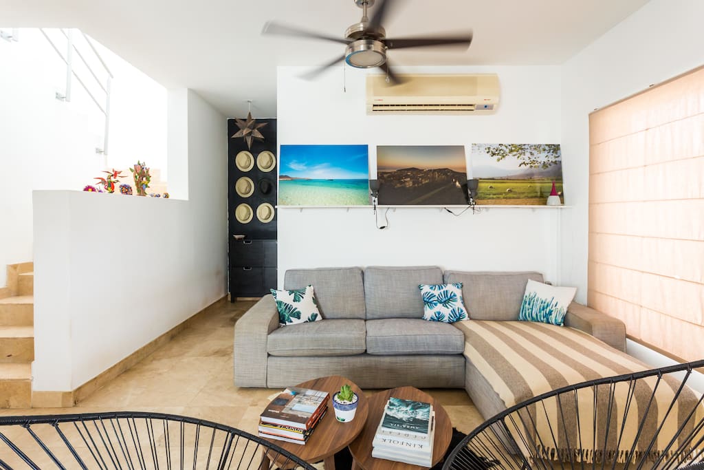Living room. On the left hand are the stairs for the upper studio & terrace