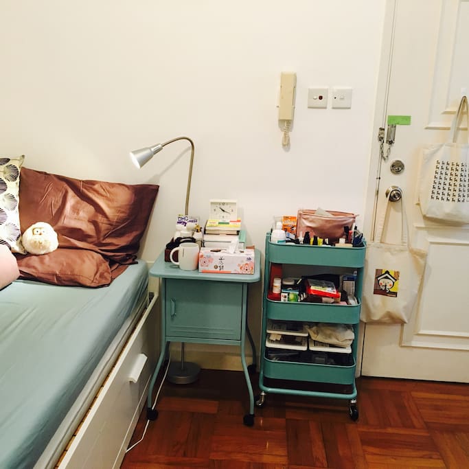 Bed and shelves