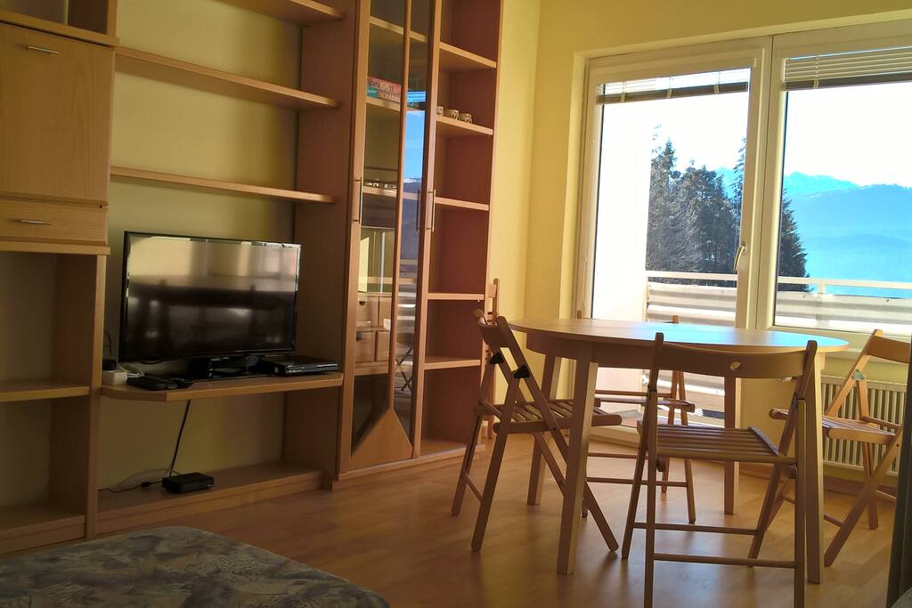 Geräumiges Wohnzimmer mit TV und DVD-Player