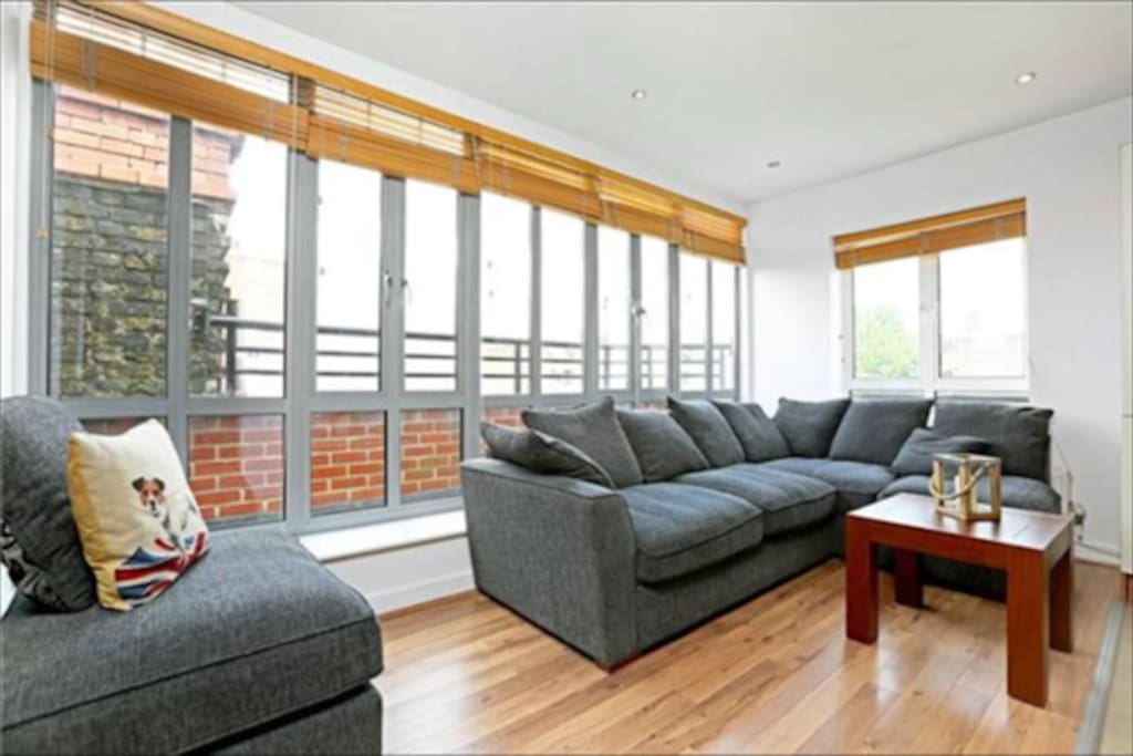 living room with amazing long large comfortable sofa