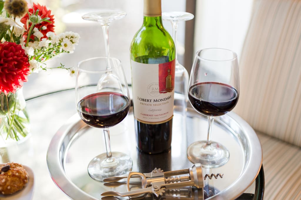 Wine tray, glasses and cork opener available