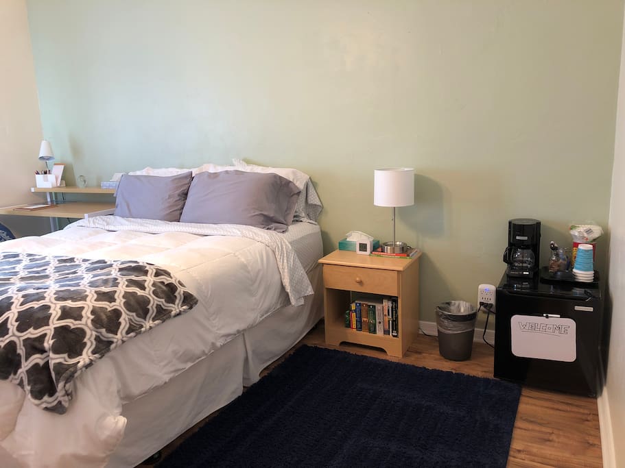 Room is equipped with mini fridge and coffee pot to brew our selection of local coffee. Nightstand will feature books from New Mexican authors or books relevant to the southwest.