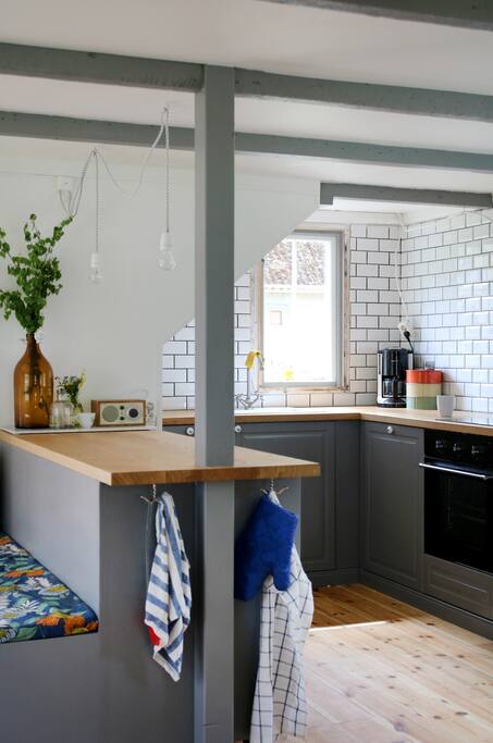 The kitchen is equipped with dishwasher, fridge, freezer, coffee maker, stove and oven.
